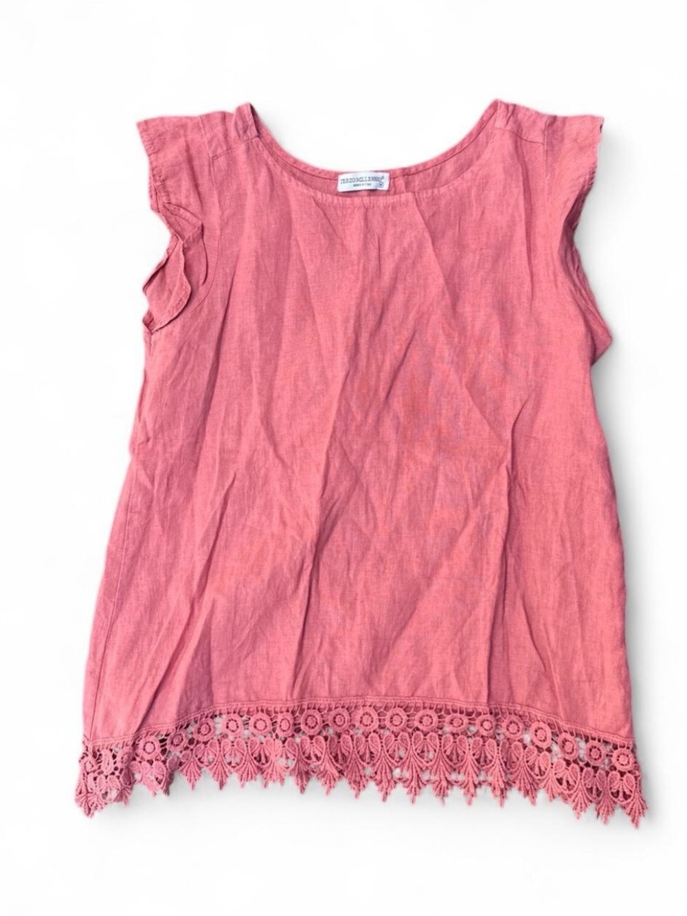 Terzo Millennio 100% Italian linen dusty rose butterfly sleeveless top lace hem